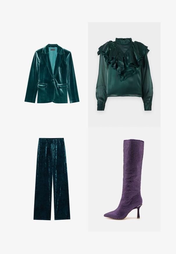 Teal fluwelen blazer met een revers, enkele knoopsluiting en twee voorkanten zakken. Gladde textuur en een pasvorm op maat.; Teal satijnen blouse met gerimpelde halslijn en mouwen. Heeft een hoge kraag en taps toelopende manchetten, en toont een gladde, glanzende textuur.; Teal fluwelen brede pijpen met een zachte textuur, voorzien van een hoge taille en een gladde afwerking. Geen zichtbare sluitingen of patronen.; Alma en Pena Laarzen - violet