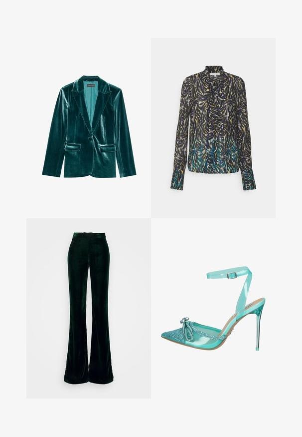 Skræddersyet blazer i teal velour med stiklaner, enkelt knaplukning og to forlommer. Glat tekstur og tætsiddende pasform.; Patrizia Pepe CAMICIA - Skjortebluser - dark multicolor; Heathe ARIYO SUIT TROUSERS - Bukser - green; Aqua patentlæder højhælede sandaler med spids tå, rhinstenudsmykning og justerbar ankelrem. Sølv stiletto-hæl.