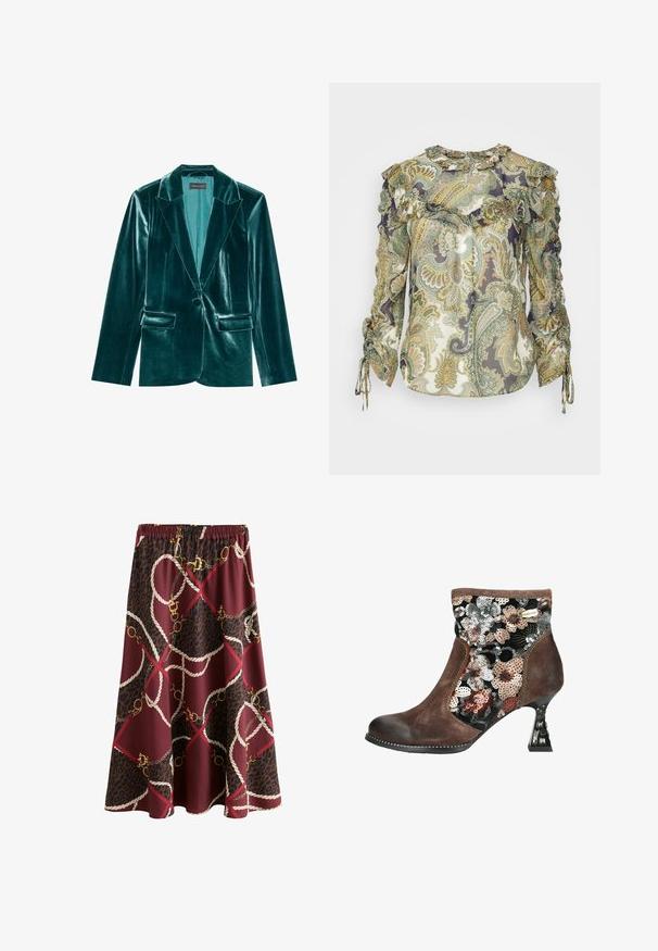 Skræddersyet blazer i teal velour med stiklaner, enkelt knaplukning og to forlommer. Glat tekstur og tætsiddende pasform.; Veronica Beard HOWELL BLOUSE - Bluse - green; Midi-nederdel med elastisk talje, bordeaux og mørkebrun leopardprint baggrund, dekoreret med hvide reb og guldkædemønstre.; Brun ruskind ankelstøvle med en firkantet hæl dekoreret med rhinsten og blomsterformet palietstof på siden og den øverste del.