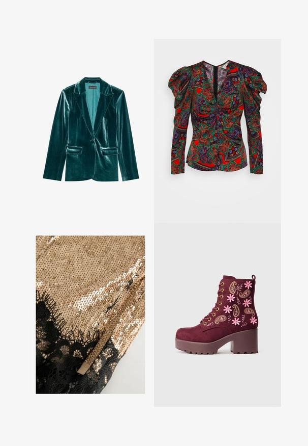 Blazer de terciopelo verde azulado con solapa muesca, cierre de un solo botón y dos bolsillos frontales. Textura suave y corte ajustado en toda su extensión.; Veronica Beard SIMMONS - Blusa - flame red multi; Tejido de lentejuelas doradas con una superficie brillante, que presenta un delicado bordado de encaje negro a lo largo de un borde. El diseño es liso y reflectante.; Botín de ante burdeos con bordado floral en rosa y dorado, cuenta con un tacón grueso y un diseño de cordones con ojales dorados.