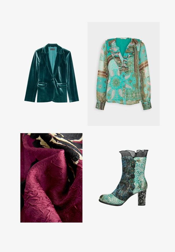 Skræddersyet blazer i teal velour med stiklaner, enkelt knaplukning og to forlommer. Glat tekstur og tætsiddende pasform.; ONLY ONLSTELLA FRILL - Bluse - electric green; Krasjet fløjlstof i dyb bourgogne med sorte og cremede accenter, der viser en krøllet tekstur og en glat glans.; Ankelstøvle med et mønstret overdel i turkis og sort, blomstrede detaljer og en sort blondekant. Har en dekorativ høj hæl med intrikat design.