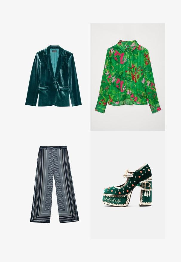 Blazer de terciopelo verde azulado con solapa muesca, cierre de un solo botón y dos bolsillos frontales. Textura suave y corte ajustado en toda su extensión.; Camisa verde de botones con patrones florales en rosa y rojo. Presenta un cuello con solapa y mangas largas con un dobladillo recto. Tejido texturizado.; Pantalones de pierna ancha con patrones geométricos y rayas en azul marino, blanco y beige, con cintura alta y trabillas para cinturón.; Zapato de plataforma de terciopelo verde con tachuelas decorativas rojas y plateadas, tiras de perlas, ribete dorado, bordado y un tacón de bloque con perlas colgantes y un colgante "B".