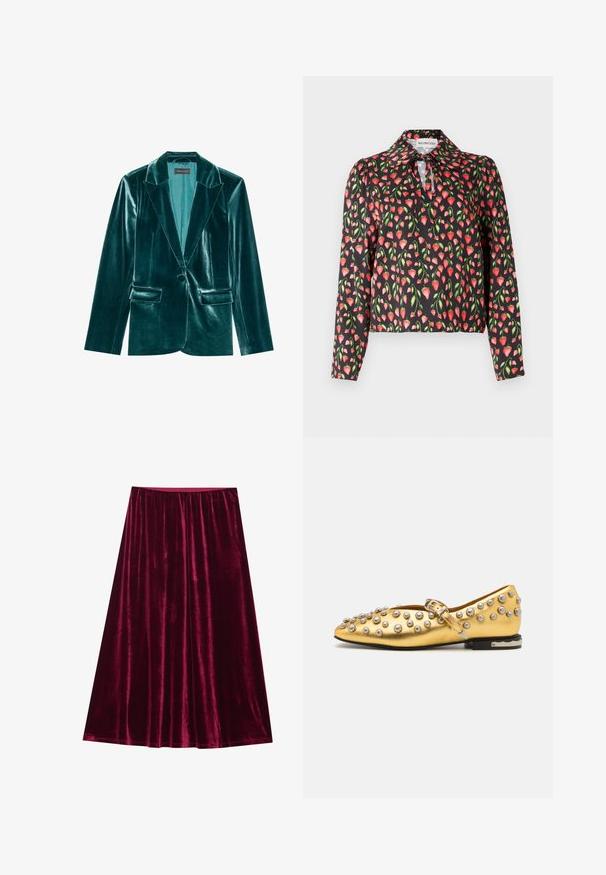 Skræddersyet blazer i teal velour med stiklaner, enkelt knaplukning og to forlommer. Glat tekstur og tætsiddende pasform.; Sort bluse med et blomstermønster af røde jordbær og grønne blade, med en krave og en nøglehulåbning ved halsen.; Velvet nederdel i dyb bordeaux, med en glat tekstur, fuld længde design og en elastisk talje for komfort. Ingen synlige lukninger.; Gul flad sko med spids tå, dækket i sølvnitter. Har en spænde rem og tekstureret sål. Glat metallisk finish.