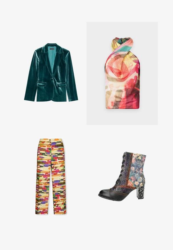Skræddersyet blazer i teal velour med stiklaner, enkelt knaplukning og to forlommer. Glat tekstur og tætsiddende pasform.; Paolina Russo WRAPPED HALTER - Top - acid brown; Bukser med vide ben i et flerfarvet abstrakt penselstrøgsmønster i nuancer af orange, pink, lilla, grøn og beige med knaplukning.; Snørebåndsankelstøvle med en sort læder tå og hæl, blomsterstof på overdelen og en skulptureret metalhælsko med intrikate detaljer.