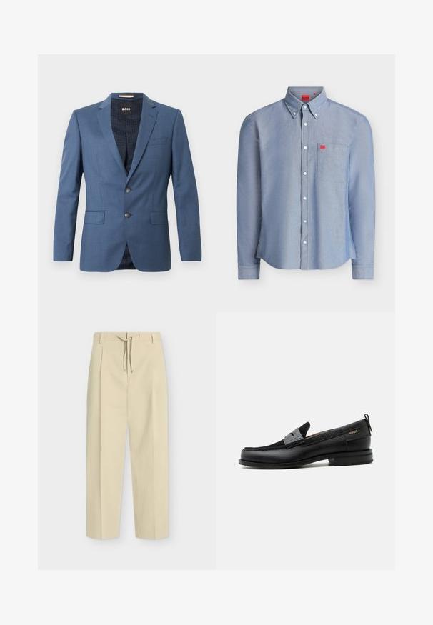 Blazer bleu ajusté avec deux boutons, revers crantés et poches à rabat. La doublure intérieure présente un motif subtil. Coupe structurée avec une texture lisse.; Chemise bleu clair à manches longues boutonnée avec une poche poitrine, des boutons blancs, un col boutonné et de petites étiquettes rouges avec le logo Hugo sur la poche et à l’intérieur du col.; Pantalon beige droit avec passants pour ceinture et nouage à l'avant, présentant un design épuré et ajusté ainsi qu'un tissu texturé.; Mocassin en cuir noir avec détail de bride grise, talon bas et semelle texturée, marqué "HUGO" en or sur le côté.