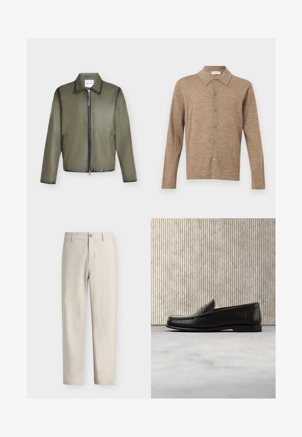 Veste en cuir vert olive avec manches longues, fermeture éclair frontale, deux poches latérales et col classique.; Cardigan beige à manches longues avec boutons et col, en tissu tricoté doux, présenté sur un fond blanc uni.; Pantalon beige clair droit avec fermeture par bouton et fermeture éclair ainsi que passants pour ceinture, présenté sur un fond blanc uni.; Mocassin penny en cuir noir avec talon bas, bout arrondi et détails cousus à l'avant et sur les côtés, présenté sur un fond neutre.