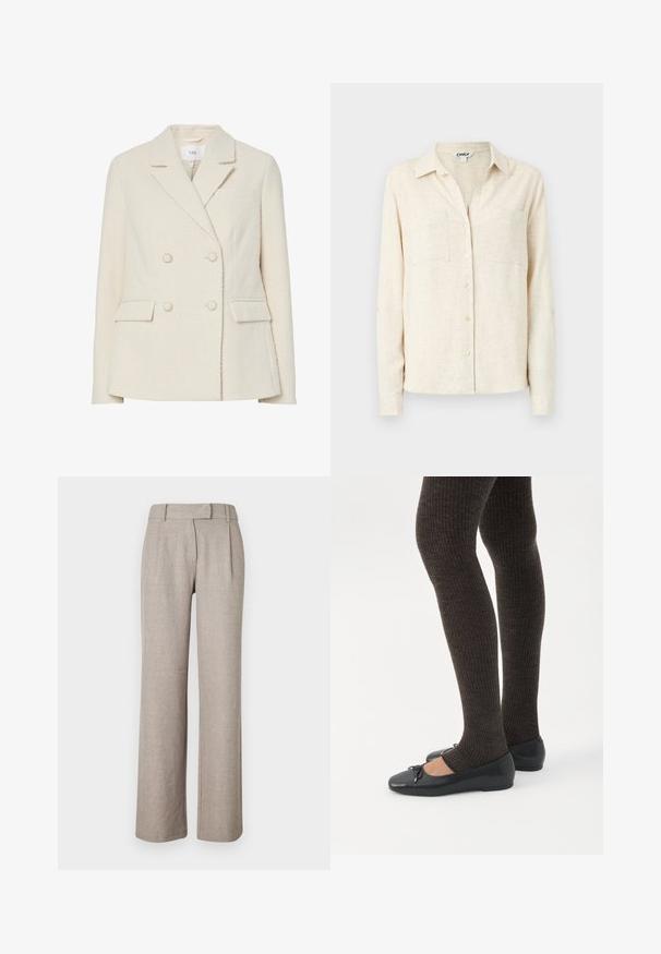 Blazer beige croisé en tissu texturé, avec revers en encoche, deux poches avant et détails de boutons dorés.; Chemise à manches longues beige clair avec col, deux poches poitrine et un fini en tissu texturé.; Pantalons beiges ajustés en tissu texturé, présentant une coupe droite et des plis à l'avant. Pas de quincaillerie ni de motifs visibles.; Jambes portant des leggings côtelés foncés associés à des ballerines noires avec de petits détails en nœud sur fond blanc.