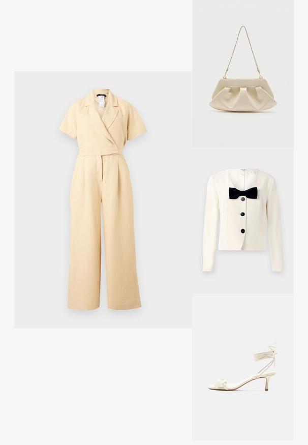 Creme blazer med dyb V-udskæring, prydet med et tekstureret sort butterfly og fire sorte knapper foran. Lange ærmer og en skræddersyet pasform.; Beige kortærmet jumpsuit med vide ben, omslagsstil V-hals og taljeret pasform, lavet af letvægtsstof.; Kremfarvet sandal med lave hæle, bindebånd om anklen og en bred snoet rem over tæerne på en ensartet hvid baggrund.; Kremfarvet blød clutch-taske med samlet plissering og en tynd skulderrem med guldfarvet hardware.
