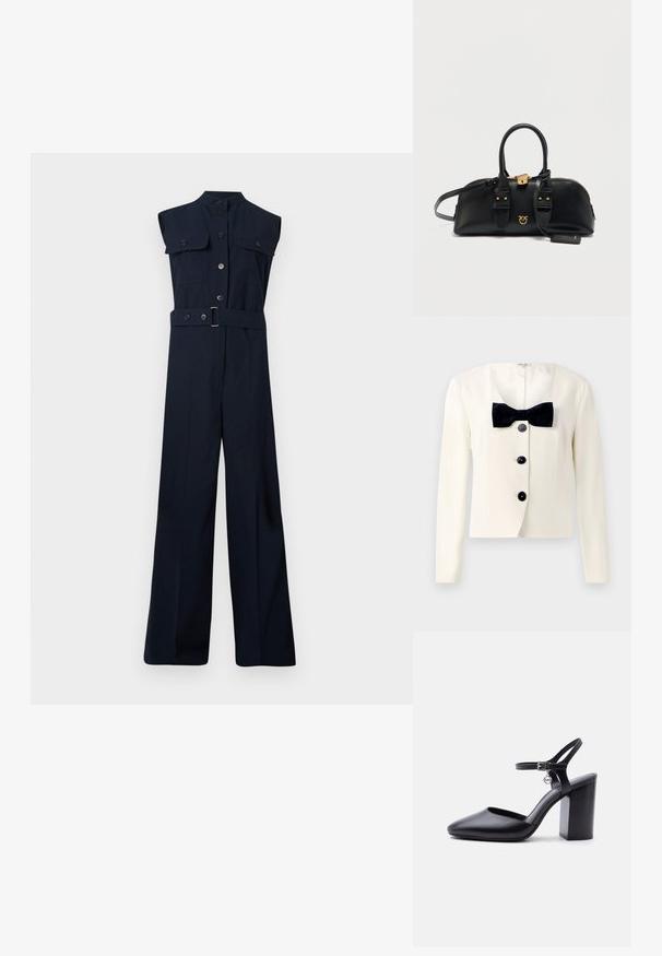 Blazer crema con un escote en V profundo, que presenta una pajarita negra texturizada y cuatro botones negros en la parte delantera. Mangas largas y un corte entallado.; Jumpsuit sin mangas azul marino con cuello de camisa, dos bolsillos en el pecho, cintura ceñida con cinturón y diseño de pernera ancha. Textura de tela suave.; Zapato de tacón alto de cuero negro con punta puntiaguda, tacón grueso, correa en el tobillo, hebilla y pequeño colgante redondo de metal con logo, sobre fondo blanco liso.; Bolso de mano de cuero negro con forma redondeada, doble asa superior, detalles en herrajes dorados, cierre de cremallera y una pequeña etiqueta adjunta.