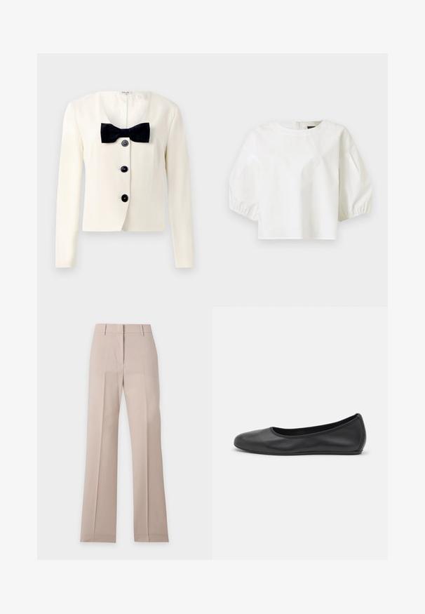 Creme blazer med dyb V-udskæring, prydet med et tekstureret sort butterfly og fire sorte knapper foran. Lange ærmer og en skræddersyet pasform.; Hvid dameskjorte med rund halsudskæring og trekvart puffede ærmer, ensfarvet design, vist på grå baggrund.; Beige bukser med lige ben, bæltestropper og forreste pres, vist fladt på en hvid baggrund.; Sort læderballetsko med rund tå, glat tekstur, minimal syning og et fleksibelt såldesign.