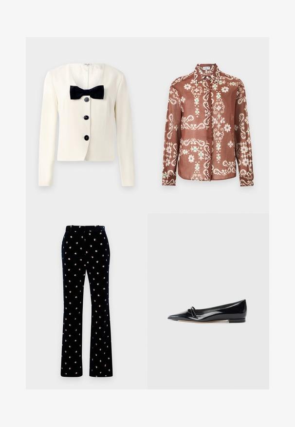 Crème blazer met een diepe V-hals, voorzien van een gestructureerde zwarte strik en vier zwarte knopen aan de voorkant. Lange mouwen en een getailleerde pasvorm.; Bruine blouse met lange mouwen met witte en groene bloem- en ornamentpatronen, knoopsluiting aan de voorkant en een puntige kraag.; Zwarte fluwelen broek met een klein wit en roze bloemenpatroon, riemlussen en rechte pijpen op een witte achtergrond.; Zwarte gepatenteerde leren platte schoen met een puntige neus, een kleine decoratieve band en een lage blokhak. Gladde textuur en strak ontwerp.