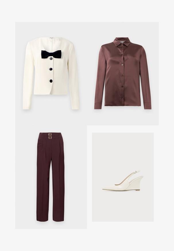 Crème blazer met een diepe V-hals, voorzien van een gestructureerde zwarte strik en vier zwarte knopen aan de voorkant. Lange mouwen en een getailleerde pasvorm.; Langarm satijnen shirt in diep mauve met een puntige kraag en knopen aan de voorkant, plat gelegd op een witte achtergrond.; Donkere bordeauxrode broek met hoge taille, twee gouden gespsluitingen aan de bovenkant en een rechte pijp.; Crèmekleurige slingback sleehakschoen met spitse neus, verstelbare gespsluiting en een gladde afwerking op een effen achtergrond.