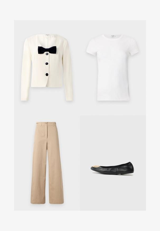 Creme blazer med dyb V-udskæring, prydet med et tekstureret sort butterfly og fire sorte knapper foran. Lange ærmer og en skræddersyet pasform.; Hvid, stribet T-shirt med kortærmer og rund hals. Stoffet ser glat ud med en tætsiddende silhuet. Brandingmærke synligt ved kraven.; Beige brede bukser lavet af bomuld. Har en knap- og lynlås lukning med to frontlommer og en glat, mat tekstur.; Sort læderballetflad med en rund tå, der har en gylden hardwareaccent på tåen, glat tekstur og fleksibel sål.