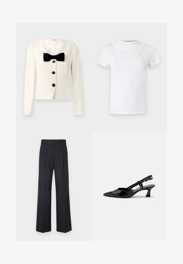Creme blazer med dyb V-udskæring, prydet med et tekstureret sort butterfly og fire sorte knapper foran. Lange ærmer og en skræddersyet pasform.; Hvid T-shirt med korte ærmer, rund lagdelt halsudskæring og lille guldfarvet emblem på venstre bryst.; Mørkeblå stribede bukser med høj talje, vidde bendesign og ingen synlig hardware eller dekorationer. Glat tekstur og skræddersyet pasform.; Sort laklæderslingback med lille hæl, spids tå og justerbar guldlåsrem på hvid baggrund.