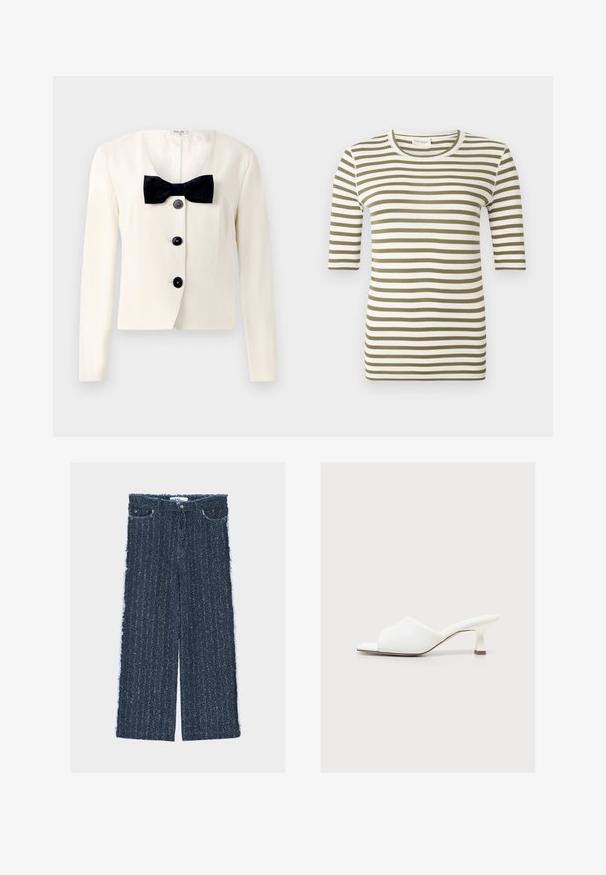 Blazer crema con un escote en V profundo, que presenta una pajarita negra texturizada y cuatro botones negros en la parte delantera. Mangas largas y un corte entallado.; Camiseta de manga corta con rayas horizontales en verde oliva y blanco, y escote redondo, sobre un fondo liso.; Pantalones de mezclilla de pierna ancha en azul oscuro con acabado texturizado, costuras laterales deshilachadas, cuatro bolsillos y cierre frontal con botones.; Zapato mule blanco con punta abierta, tacón bajo curvado y una amplia correa acolchada sobre el pie sobre un fondo liso.