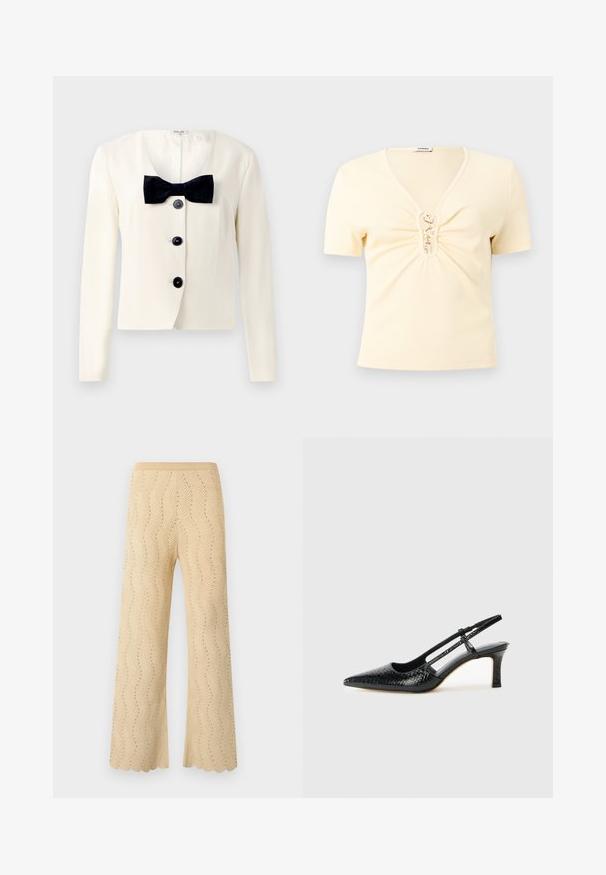 Blazer crema con un escote en V profundo, que presenta una pajarita negra texturizada y cuatro botones negros en la parte delantera. Mangas largas y un corte entallado.; Top corto de punto acanalado de manga corta en color crema con escote en V y cierres de gancho y ojo en tono dorado en un detalle frontal fruncido.; Pantalones de punto beige con piernas anchas, con un patrón en forma de chevrón con pequeños agujeros y un dobladillo festoneado.; Tacón slingback negro de charol con punta afilada, que presenta un estampado de serpiente texturizado, correa ajustable y un tacón bloque corto y texturizado.