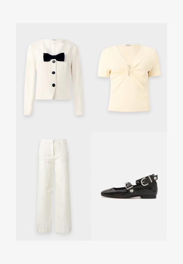 Creme blazer med dyb V-udskæring, prydet med et tekstureret sort butterfly og fire sorte knapper foran. Lange ærmer og en skræddersyet pasform.; Kremfarvet kortærmet ribstrikket top med V-hals og guldfarvede hægter på en rynket frontdetalje.; Hvide skræddersyede bukser med subtile lodrette nålestriber, frontlynlås, bæltestropper og straight-leg design.; Sorte patenteret lædersko med firkantet tå, ankelrem med sølvhardware og flad sål. Glat tekstur med minimalistisk design.