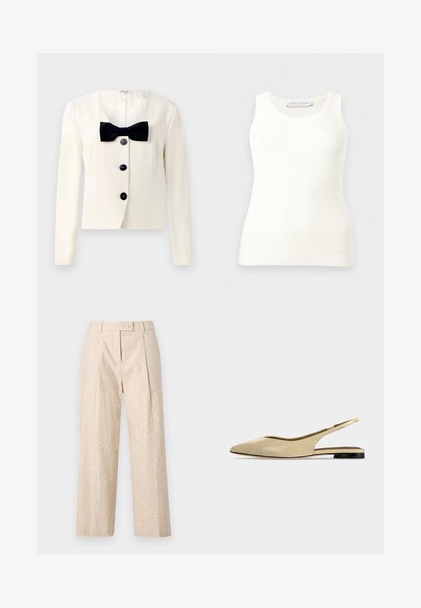 Crème blazer met een diepe V-hals, voorzien van een gestructureerde zwarte strik en vier zwarte knopen aan de voorkant. Lange mouwen en een getailleerde pasvorm.; Witte geribbelde mouwloze tanktop met ronde hals, aansluitende pasvorm en merkembleem aan de binnenkant van de achterkant van de kraag.; Beige hoge taille broek met subtiele dierenprint, rechte wijde pijpen, voorplooi, riemlussen en knoopsluiting.; Beige platte slingback schoen met puntige neus, lage zwarte hak en een glad leren afwerking, zijaanzicht op een effen achtergrond.