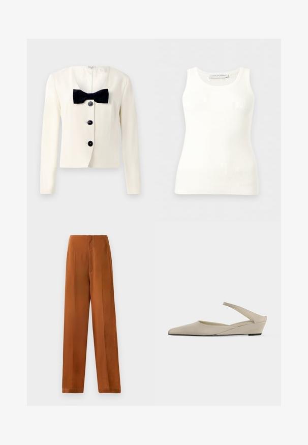 Creme blazer med dyb V-udskæring, prydet med et tekstureret sort butterfly og fire sorte knapper foran. Lange ærmer og en skræddersyet pasform.; Hvid, ribstrikket, ærmeløs tanktop med rund halsudskæring, tætsiddende pasform og mærkeetiket på indersiden af bagkraven.; Viddebukser i en varm brun farve med en glat tekstur, høj talje og kontrasterende hvid syning langs sømmene.; Beige lav kilehæl slingback sko med spids tå og glat mat finish, vist i sideprofil på hvid baggrund.