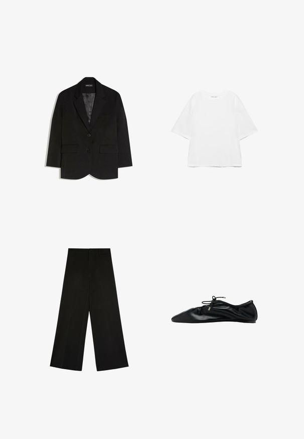 Blazer noir ajusté avec deux poches à rabat à l'avant, deux boutons, col à revers cranté et doublure intérieure en satin lisse.; T-shirt blanc oversize à manches courtes avec col rond, design uni, et coutures d'épaule tombantes sur fond blanc.; Pantalon noir à jambes larges avec fermeture par bouton et zip, passants de ceinture et plis d’avant, posé à plat sur fond blanc.; Ballerine plate en cuir noir avec bout froncé et lacet à nouer orné d'embouts métalliques, vue latérale minimaliste et élégante.
