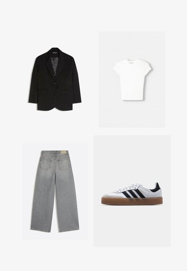 Blazer noir ajusté avec deux poches à rabat à l'avant, deux boutons, col à revers cranté et doublure intérieure en satin lisse.; T-shirt blanc à manches courtes en coton doux, avec un col rond et une coupe ajustée. Pas de motifs ni d'ornements visibles.; Jean en denim gris à jambes larges montrant l'arrière avec deux poches et des passants de ceinture, posé à plat sur fond blanc.; Baskets en cuir blanc avec des rayures noires, semelle extérieure en caoutchouc beige, bout rond, fermeture lacée et embout en suède gris doux.