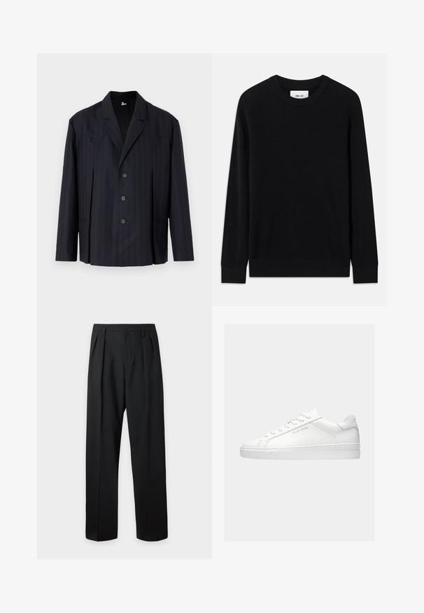 Mørkeblå blazer med lodrette striber, enkeltbreasted design, strukturerede skuldre, fem knapper og slagkrave.; Sort ribbet sweater med rund halsudskæring, lange ærmer og strikket tekstur. Har en lige kant og en subtil brandinglabel indeni.; Sorte skræddersyede bukser med høj talje, bæltestropper, frontfolder, knaplukning og lige vide ben på en lys baggrund.; Hvid lavtop sneaker med snørebånd, minimalistisk design og "Filling Pieces" branding i guld på siden mod en ensfarvet baggrund.