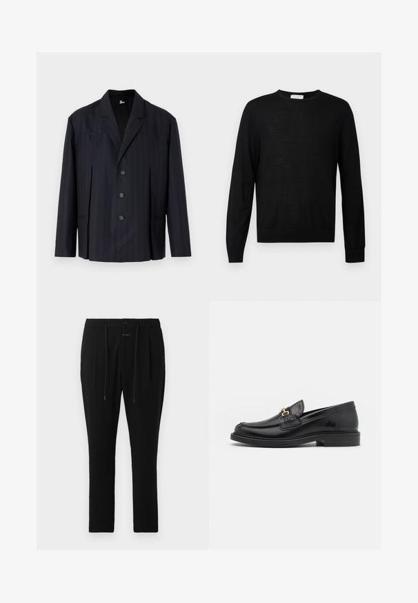 Mørkeblå blazer med lodrette striber, enkeltbreasted design, strukturerede skuldre, fem knapper og slagkrave.; Sort langærmet sweater lavet af blødt stof, med rund halsudskæring, ribbede manchetter og lige kant. Minimalistisk design, ingen mønstre.; CLOSED VIGO TAPERED - Chino - dark night; Sorte læder loafers med en rund tå, der har guld hardware accent og syningsdetaljer, placeret på en lav, tekstureret gummisål.
