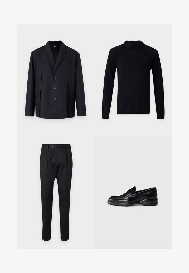 Blazer azul marino oscuro con rayas verticales, diseño de un solo botón, hombros estructurados, cinco botones y cuello con muesca.; Polo negro de manga larga con cuello y cuatro botones negros en la tapeta frontal sobre un fondo liso y claro.; Pantalones negros de tejido suave, con un pliegue en la parte delantera, cierre de botón y puños enrollados en el tobillo.; Mocasines de piel negra con una suela de goma texturizada y baja, y un diseño de costura en la parte superior. Presenta una punta redondeada y mínimas ornamentaciones.