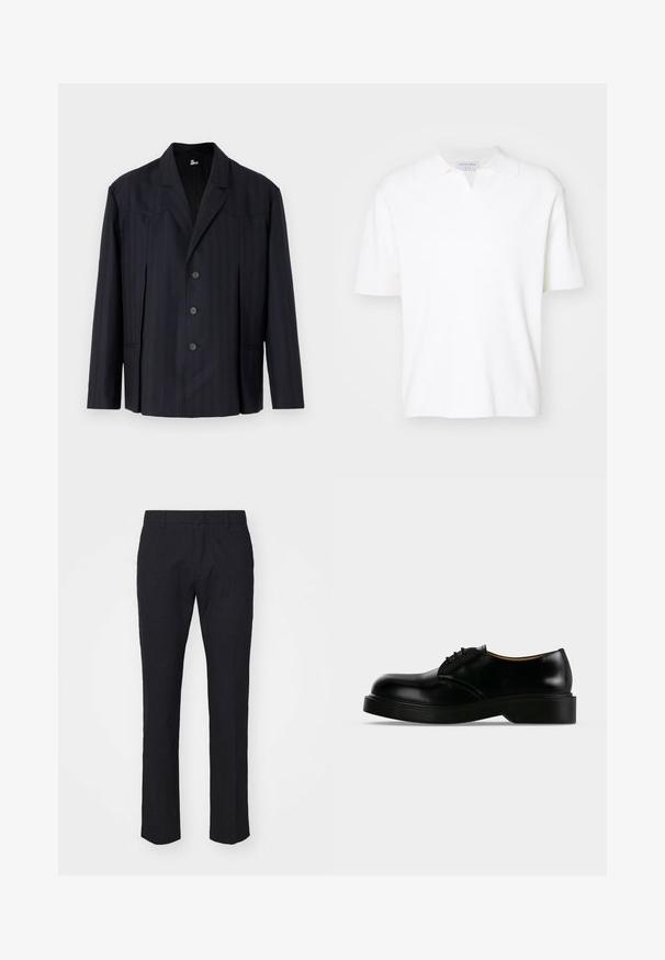 Mørkeblå blazer med lodrette striber, enkeltbreasted design, strukturerede skuldre, fem knapper og slagkrave.; Hvid kortærmet polo skjorte med krave og en subtil v-sprække. Fremstillet af blødt stof med en glat tekstur.; Marinebukser i skræddersyet snit, lavet af glat stof. Har flad front, bæltestropper og lige ben med en ren kant.; Sort poleret læder snørestøvle med tyk sål, rundet tå og lav hæl, vist fra siden på en ensfarvet baggrund.