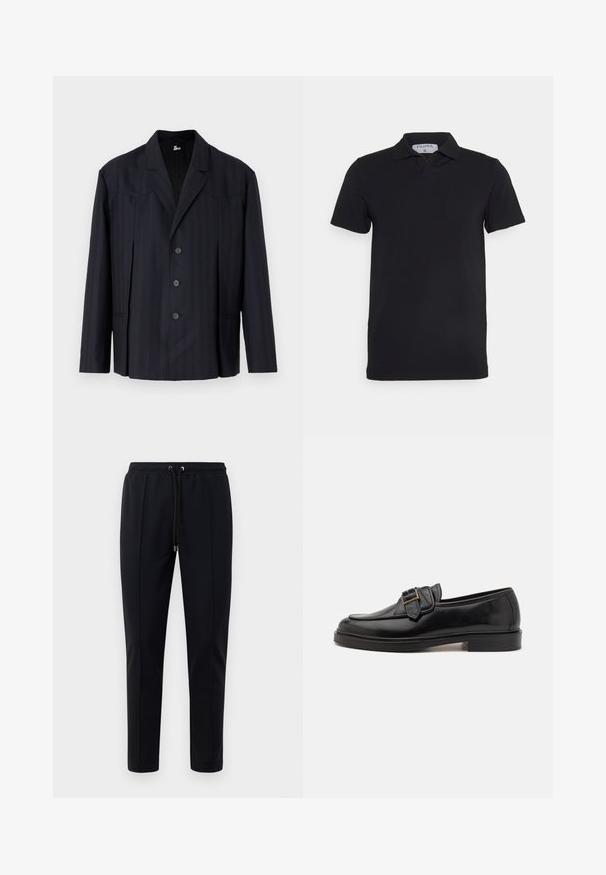 Blazer azul marino oscuro con rayas verticales, diseño de un solo botón, hombros estructurados, cinco botones y cuello con muesca.; Camisa polo negra de manga corta con un cuello clásico, fabricada en un tejido suave. Presenta una etiqueta con el nombre de la marca 'Filippa K' en el escote.; Pantalones de chándal negros hechos de material suave y elástico. Cuentan con una cintura elástica con cordones y piernas ajustadas. Sin patrones visibles.; Mocasines de cuero negro con punta redonda y un acento decorativo de hebilla. Tacón plano y sólido, con una textura suave en todo el zapato.
