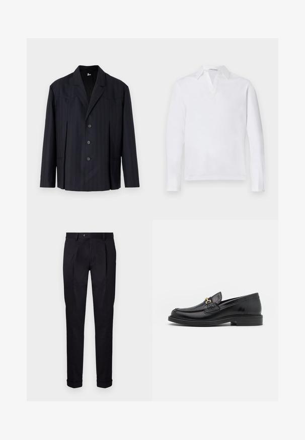 Blazer azul marino oscuro con rayas verticales, diseño de un solo botón, hombros estructurados, cinco botones y cuello con muesca.; Camisa polo de manga larga blanca con cuello puntiagudo y tapeta parcial. Tejido de algodón suave con una textura lisa. Sin acentos visibles.; Pantalones negros a medida fabricados con una tela suave, con un frente liso, dos pliegues frontales y dobladillos con vuelta para un aspecto limpio y estructurado.; Mocasines de cuero negro con punta redondeada, que cuentan con un detalle de herrajes dorados y costuras, situados sobre una suela de goma texturizada y baja.
