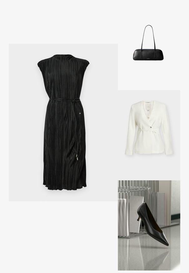 Blazer blanc à manches longues avec col en V, fermeture par un seul bouton et ceinture fine nouée à la taille, présenté sur un fond uni.; Robe noire plissée à manches courtes, décolleté haut et ceinture nouée à la taille. Texture douce avec un léger éclat, ornée d'un accent décoratif.; Chaussure en cuir noir à bout pointu et talon kitten flottant au-dessus d'un sol gris moucheté, à côté d'un organiseur de fichiers en métal contenant des dossiers.; Sac à main rectangulaire en cuir noir avec de longues lanières fines et un logo doré "Calvin Klein" au centre avant.
