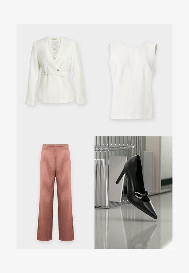 Blazer blanc à manches longues avec col en V, fermeture par un seul bouton et ceinture fine nouée à la taille, présenté sur un fond uni.; Haut blanc sans manches avec encolure ronde et couture verticale visible au centre devant, présenté sur un fond clair uni.; Pantalon en maille côtelée à jambes larges couleur rose poudré avec une taille élastique et de fines rayures verticales, présenté sur un fond uni.; Chaussure à talon haut noire pointue avec une bride à boucle argentée, placée sur une surface réfléchissante près d’un organiseur métallique contenant des papiers.