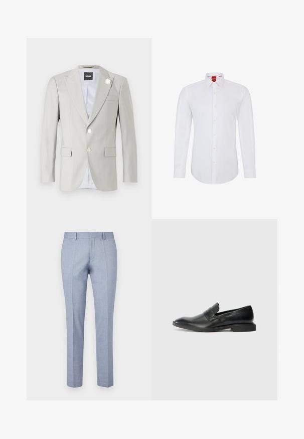 Blazer gris clair avec revers en pointe, fermeture à deux boutons, poches latérales et accent décoratif en fleur blanche sur le revers. Intérieur doublé.; Chemise blanche à manches longues avec un col, dotée d'une fermeture à boutons sur le devant et d'un tissu doux et lisse. Aucun motif ou accent visible.; Pantalons ajustés bleu clair avec une texture de tissu lisse, dotés d'un devant plat, de deux poches frontales et d'un design slim.; Mocassins en cuir noir avec une texture lisse, un nez pointu et un petit talon rectangulaire. Présente un détail de bande horizontale sur le dessus.