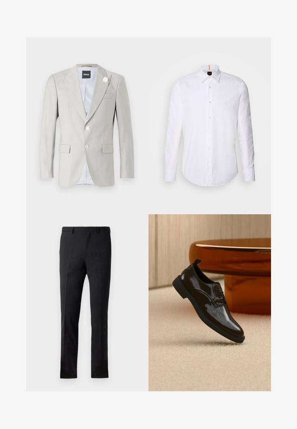 Blazer gris clair avec revers en pointe, fermeture à deux boutons, poches latérales et accent décoratif en fleur blanche sur le revers. Intérieur doublé.; Chemise blanche à manches longues et à boutons en coton, avec un col classique, un logo discret près de la poitrine et des boutons blancs.; Pantalons noirs à coupe ajustée, avec un devant plat, deux plis, des passants de ceinture et une texture lisse. Aucune motif ou métal visible.; Chaussure habillée noire brillante en cuir à lacets flottant au-dessus d'un tapis beige avec une table ronde marron brillante en arrière-plan.