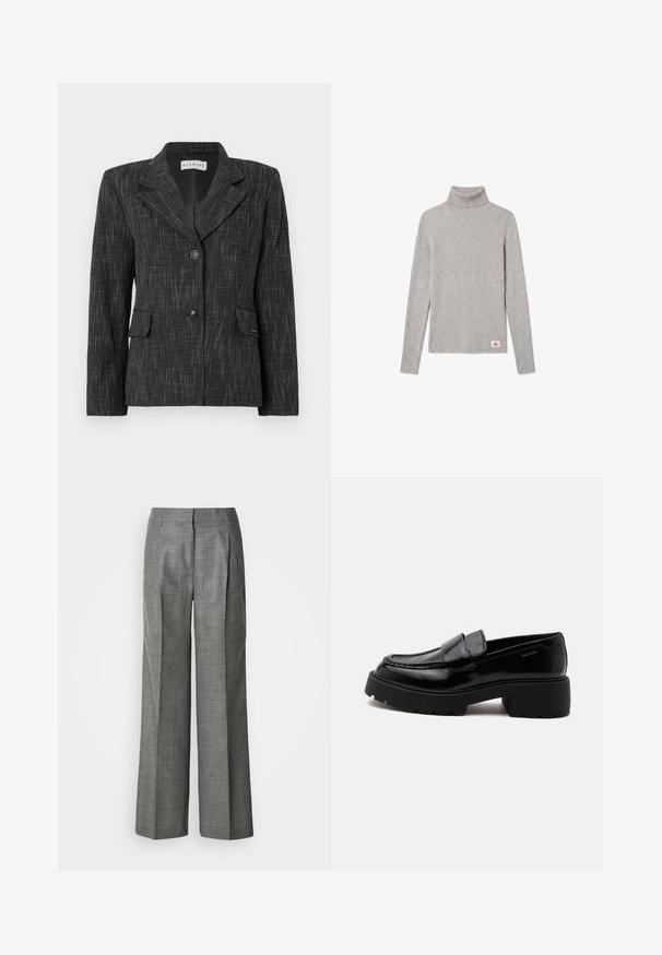 Zwarte blazer met een gestructureerd patroon, enkelvoudige sluiting, reverskraag, twee voorzakken en twee knopen voor sluiting.; Lichtgrijze geribde coltrui met lange mouwen en een klein rood-wit CK-logo bij de onderzoom.; Grijze wijde broekspijpen gemaakt van gestructureerde stof, met plooien, een vlakke voorkant en een rechte snit. Geen zichtbare zakken of versieringen.; Zwarte glanzende leren loafer met een stevige zool en een lage blokhak, zijstiksels en een brede band over de bovenkant.