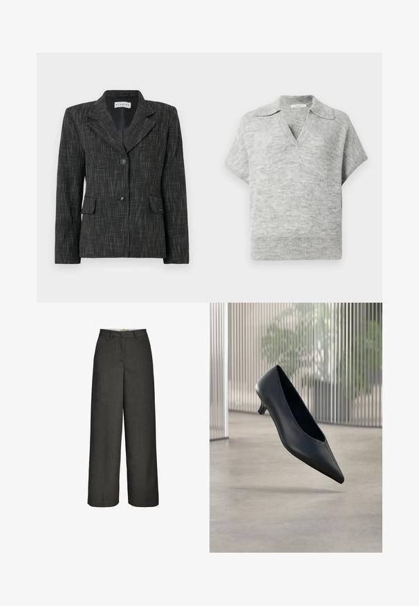 Blazer negro con un patrón texturizado, diseño de un solo botón, solapas con muescas, dos bolsillos frontales y dos botones para el cierre.; Chaleco de punto corto de manga, en gris claro, con cuello vuelto y escote en V, que presenta un dobladillo acanalado y una textura suave.; Pantalones anchos de color gris oscuro con trabillas para cinturón y cierre delantero con cremallera, mostrados sobre un fondo blanco.; Zapato negro de tacón bajo y puntera puntiaguda que flota sobre un suelo de hormigón liso con paneles verticales translúcidos de fondo.