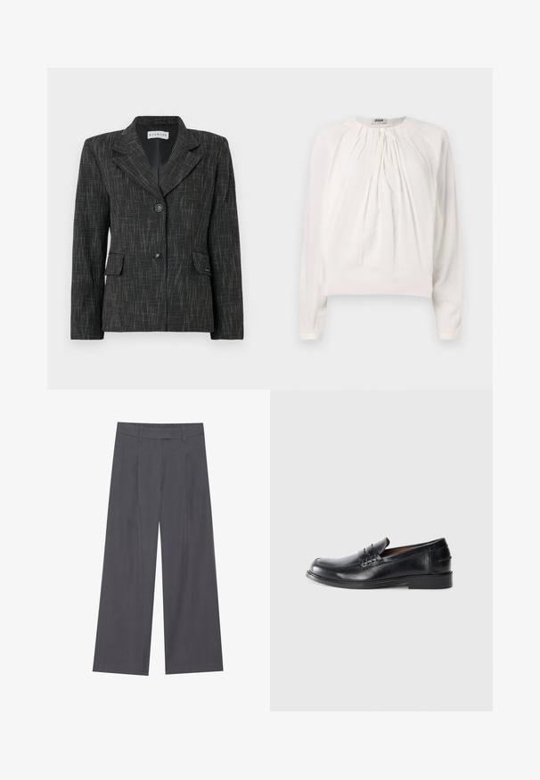 Zwarte blazer met een gestructureerd patroon, enkelvoudige sluiting, reverskraag, twee voorzakken en twee knopen voor sluiting.; Witte blouse met lange mouwen, ronde hals en geplooide voorkant. Zacht, glad materiaal met een comfortabele pasvorm en knoopdetails bij de kraag.; Grijze wijde broek met een gladde textuur, voorzien van een geplooid ontwerp aan de voorkant en een standaard taille voor een comfortabele pasvorm.; Zwarte leren instappers met een ronde neus, gestikte details en een lage blokhak. Soepele textuur met een subtiele glans.