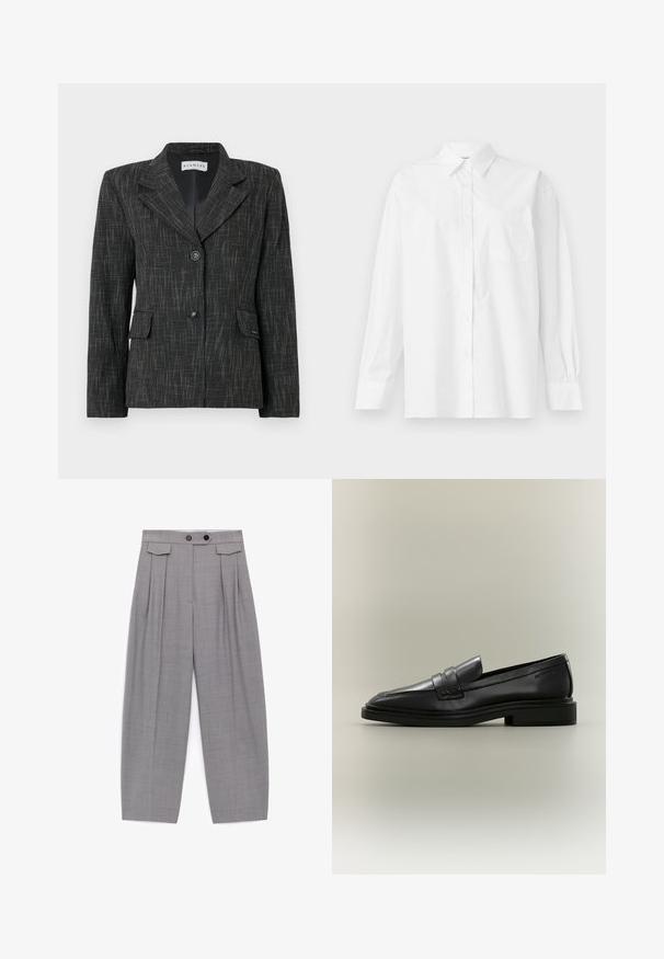 Blazer noir avec un motif texturé, design à boutonnage simple, revers crantés, deux poches avant et deux boutons de fermeture.; Chemise blanche à manches longues en coton, avec un col classique, un fermeture à boutons et une poche poitrine simple du côté gauche.; Pantalon gris ample taille haute avec plis, deux boutons noirs sur la ceinture et des détails avec rabats près des hanches.; Mocassin penny en cuir noir avec petit talon, bout arrondi et détails cousus sur fond neutre.