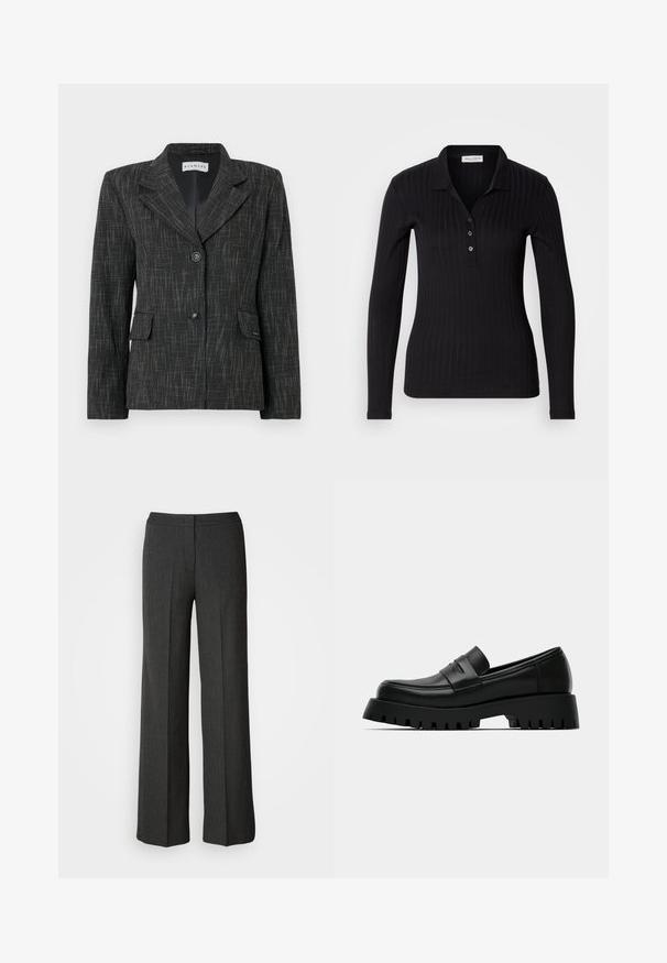 Zwarte blazer met een gestructureerd patroon, enkelvoudige sluiting, reverskraag, twee voorzakken en twee knopen voor sluiting.; Zwarte lange mouwen polo shirt van ribstof, met een kraag, drie knoopsluiting en een slim-fit ontwerp.; Wijdvallende broek in donkergrijs, gemaakt van geweven stof. Heeft een aansluitende tailleband en een subtiel streeppatroon.; Zwarte leren loafer met een dikke zool, voorzien van een gladde afwerking en subtiele stiksel details. De zool heeft diepe groeven voor grip.