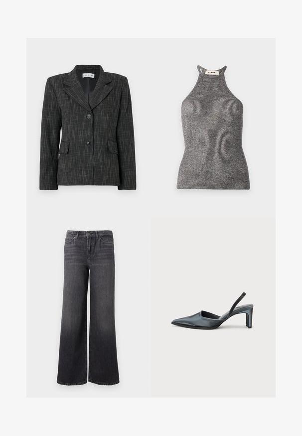 Blazer noir avec un motif texturé, design à boutonnage simple, revers crantés, deux poches avant et deux boutons de fermeture.; Top halter gris en textile côtelé, présentant une silhouette ajustée et un col montant avec des côtés ouverts. Étiquette de la marque visible au niveau du cou.; Jean en denim gris foncé à jambe large avec un dégradé subtil, doté d'une fermeture à bouton, de cinq poches et d'un ourlet droit au niveau de la cheville.; Escarpin noir à bride arrière avec un bout pointu, une finition satinée élégante et un talon fin de 7,5 cm. Design latéral ouvert avec des détails de couture minimalistes.