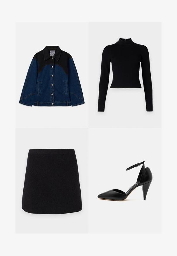 Veste en denim avec un corps bleu foncé et des panneaux noirs aux épaules, boutons-pression à l'avant et poches latérales. Tissu texturé avec des détails de couture.; Pull-over noir à col roulé côtelé avec des manches longues et une silhouette ajustée, présentant une texture lisse et un zip au dos.; CLOSED Jupe trapèze - black; Escarpin en cuir noir à bout pointu avec bride à la cheville et talon conique sur fond blanc.