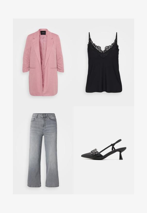 Lyserød blazer med et struktureret design, tekstureret stof, knap-beslag, og trekvartærmer. Har to forlommer og åben front.; Sort camisole med blondekant langs udskæringen og stropperne; blødt stof med et flydende design for en afslappet pasform.; Lysegrå denim bukser med bred benvidde og høj talje, fem lommer samt klassisk lynlås- og knaplukning. Blød tekstur med let falmning.; Simmi London DALA - Pumps - black