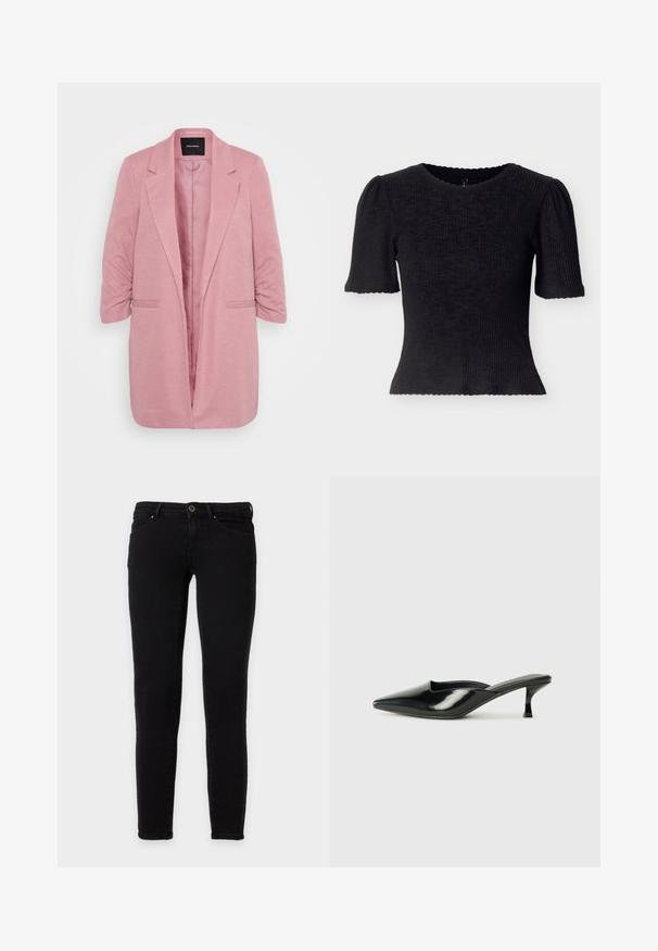 Lyserød blazer med et struktureret design, tekstureret stof, knap-beslag, og trekvartærmer. Har to forlommer og åben front.; Sort ribbet top med korte pufærmer og en bølget halsudskæring. Figursyet design med tekstureret stof og cropped kant.; Sorte skinny jeans med frontknap og lynlås, for- og baglommer, vist på hvid baggrund.; Sorte patenterede lædermules med spids tå, lav kittenheel og buede sider, der har en glansfuld finish og minimalistisk design.