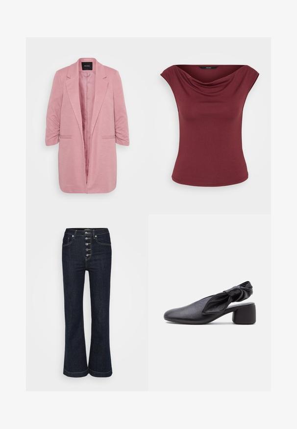 Lyserød blazer med et struktureret design, tekstureret stof, knap-beslag, og trekvartærmer. Har to forlommer og åben front.; Ærmeløs burgundy top med draperet halsudskæring og tætsiddende talje, vist mod en ensfarvet hvid baggrund.; Mørkeblå højtaljede flare jeans med fem sølvknapper foran og kontrastbroderi rundt om lommer og sømme.; Sort læder slingback-sko med rundet tå, detaljer med knyttet rem og lav blokhæl på hvid baggrund.