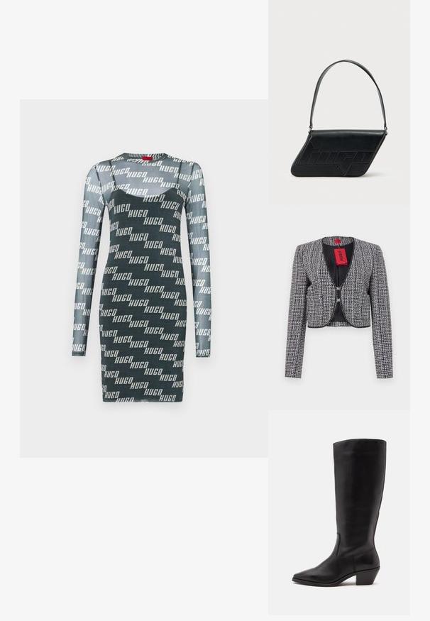 Veste cropped en tissu tissé bleu marine et blanc. Elle présente un col rond, une fermeture à crochets à l'avant et des manches longues. Comprend une étiquette.; Robe à manches longues de couleur vert foncé avec un motif en répétition du logo blanc "HUGO". Fabriquée en tissu ajusté et extensible, elle possède un col rond.; Botte en cuir noire mi-mollet avec un bout pointu et un talon bas incliné sur un fond clair uni.; Sac d'épaule en cuir noir de forme triangulaire, avec un logo embossé et une seule bandoulière réglable. Design minimaliste avec une texture lisse.