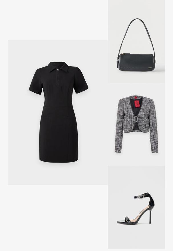 Veste cropped en tissu tissé bleu marine et blanc. Elle présente un col rond, une fermeture à crochets à l'avant et des manches longues. Comprend une étiquette.; Robe noire avec un col, des manches courtes et une fermeture éclair à l'avant. Dispose de deux poches avant et d'une coupe ajustée. Texture lisse.; Sandale à talon haut en cuir verni noir avec bride à la cheville. Présente un design minimaliste, un bout ouvert et une boucle ornée de strass.; Sac à bandoulière rectangulaire en cuir noir avec fermeture éclair dorée et petit logo "HUGO" doré sur le devant, doté d'une sangle réglable avec boucle.