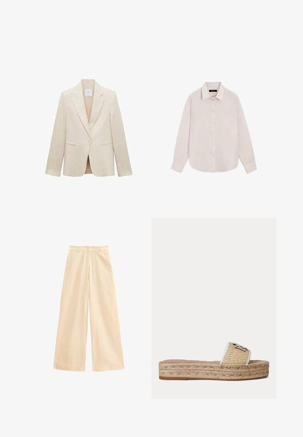 Lyse beige blazer lavet af linned, med klapkrave, enkelt knappelukning, to frontlommer og en skræddersyet pasform.; Lyserød, langærmet skjorte med knapper og klassisk krave og manchetter, vist på en hvid baggrund.; Beige bredde benbukser lavet af letvægtsstof. Har en høj talje, lynlås lukning og forlommer. Glat tekstur med en subtil glans.; Flad slidssandal med vævet jutebund og beige tekstureret rem med lille sølv dekorativt emblem.