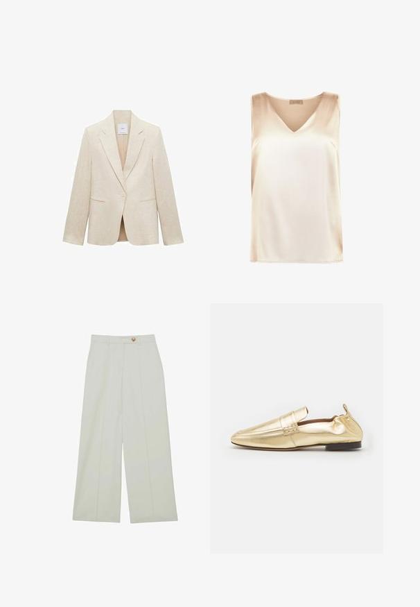 Lyse beige blazer lavet af linned, med klapkrave, enkelt knappelukning, to frontlommer og en skræddersyet pasform.; Beige ærmeløs top lavet af glat stof med v-hals design og lige kant. Minimalistisk stil uden yderligere mønstre eller accenter.; Bukser med vide ben lavet af let stof i en off-white farve, med forreste læg og en enkelt knaplukning.; Mansur Gavriel SQUARE TOE LOAFER - Loafers - gold