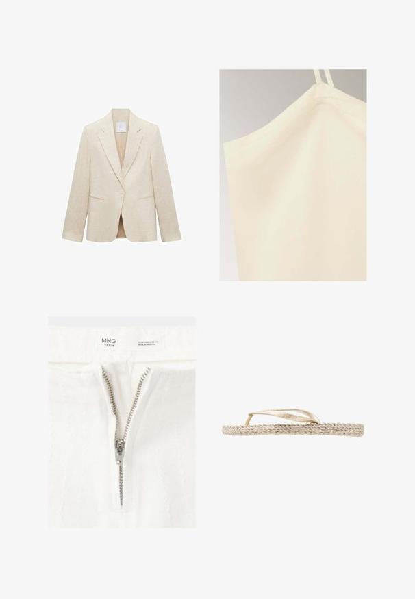 Blazer beige claro de lino, con solapas de muesca, cierre de un botón, dos bolsillos frontales y un corte entallado.; Top sin mangas de color crema con tirantes finos y una textura de tela suave sobre un fondo neutro.; Primer plano de una prenda blanca con una cremallera plateada parcialmente abierta y una etiqueta que muestra la talla EU 38, USA 4, fabricada en Pakistán.; Sandalia plana beige con suela trenzada y finas tiras metálicas doradas, vista de perfil sobre fondo blanco.